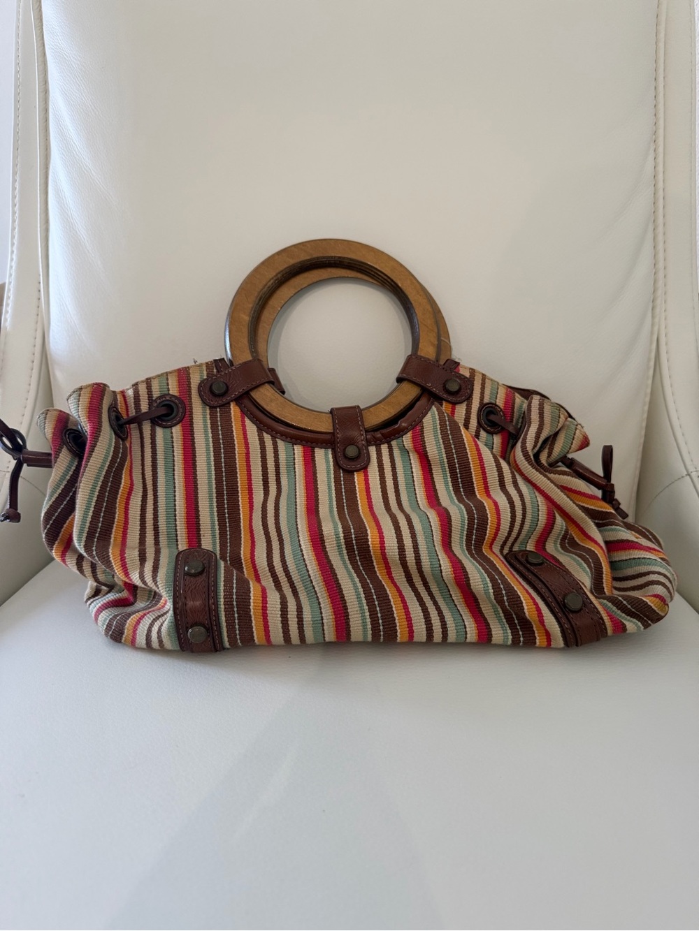 Striped Canvas Tote Bag with Wooden Ring Handles - Multicolor